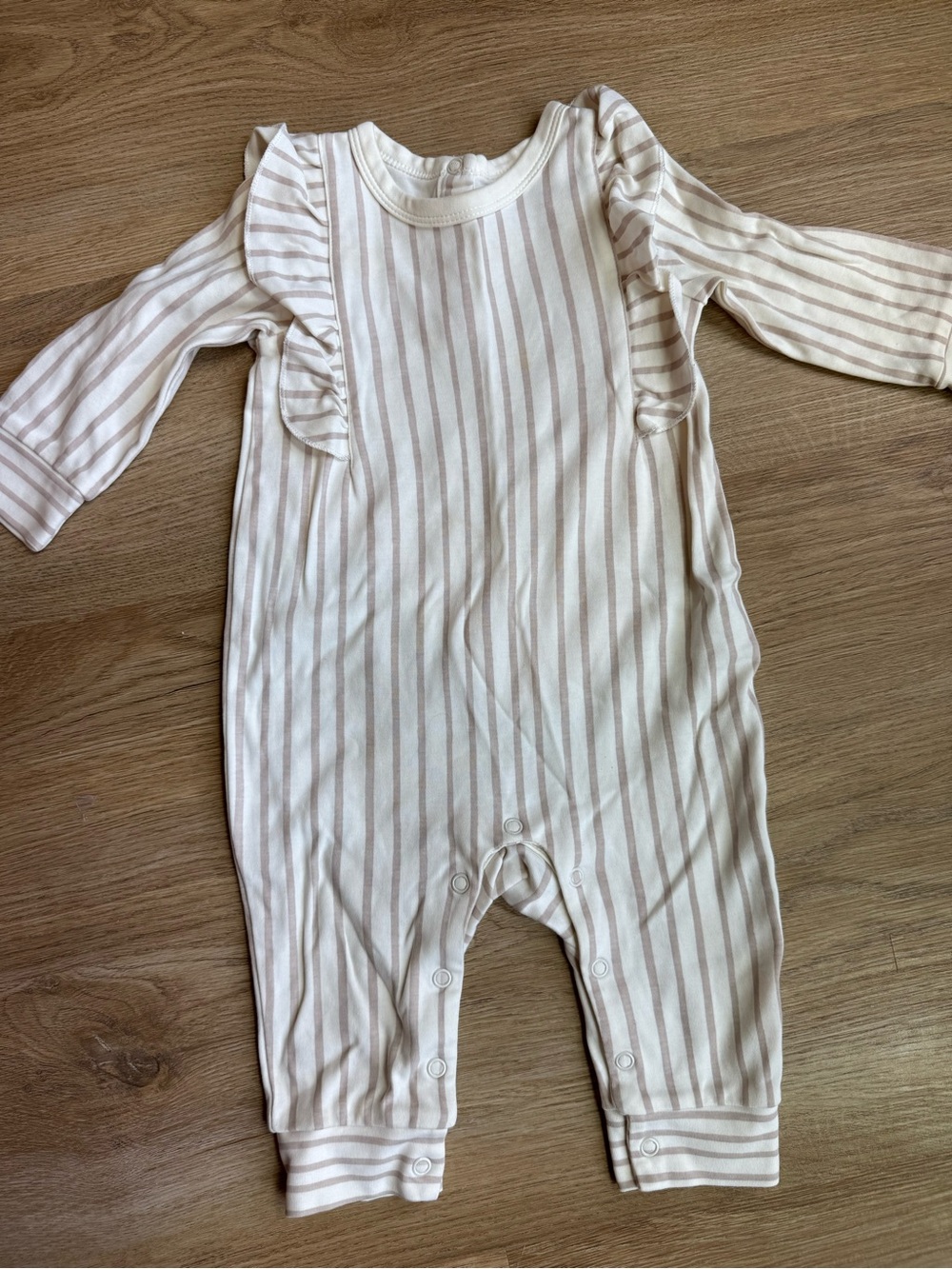 Pehr Striped Cream & Tan Ruffled Baby One-Piece
